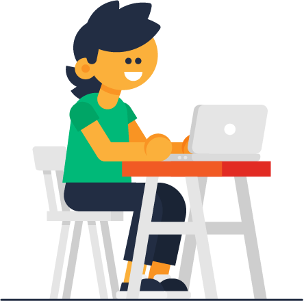 An illustration of an Edurio-style avatar sitting at their laptop