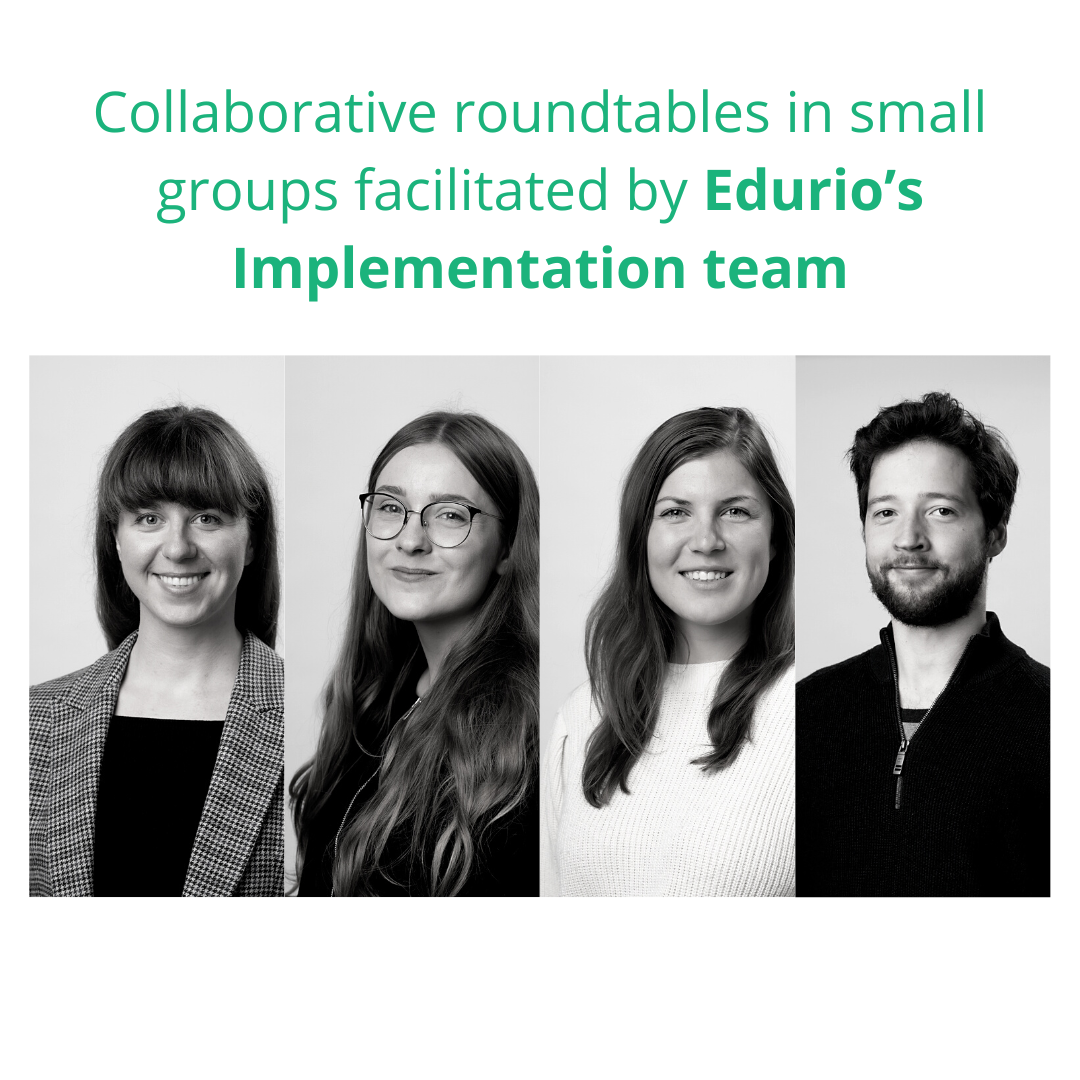 Collaborative roundtables in small groups facilitated by Edurio’s Implementation team