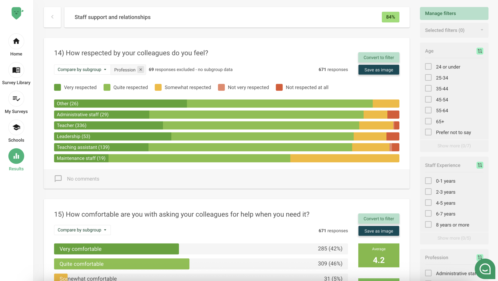 Survey modules and questions on the Edurio platform