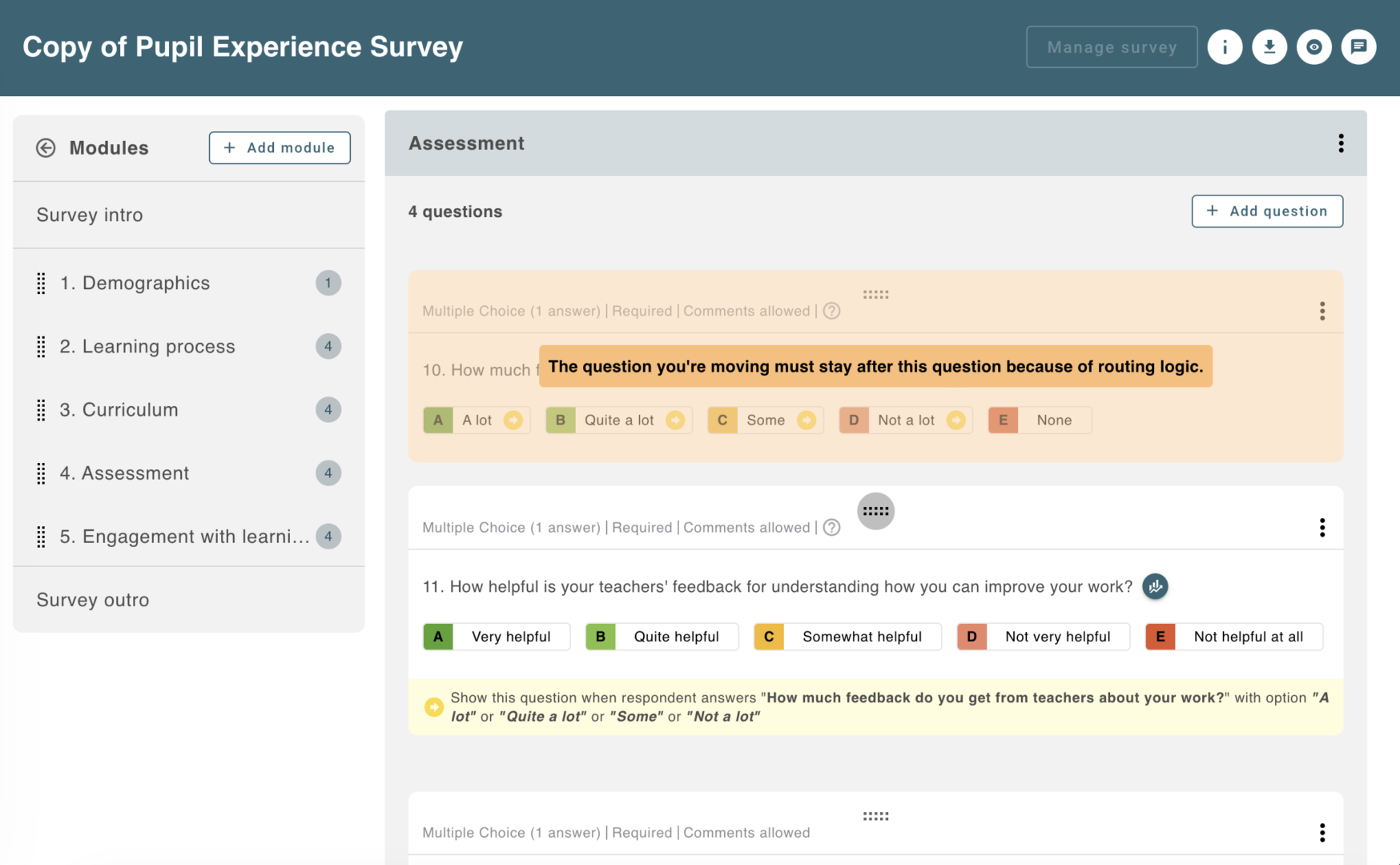 Reordering questions in the Edurio survey builder