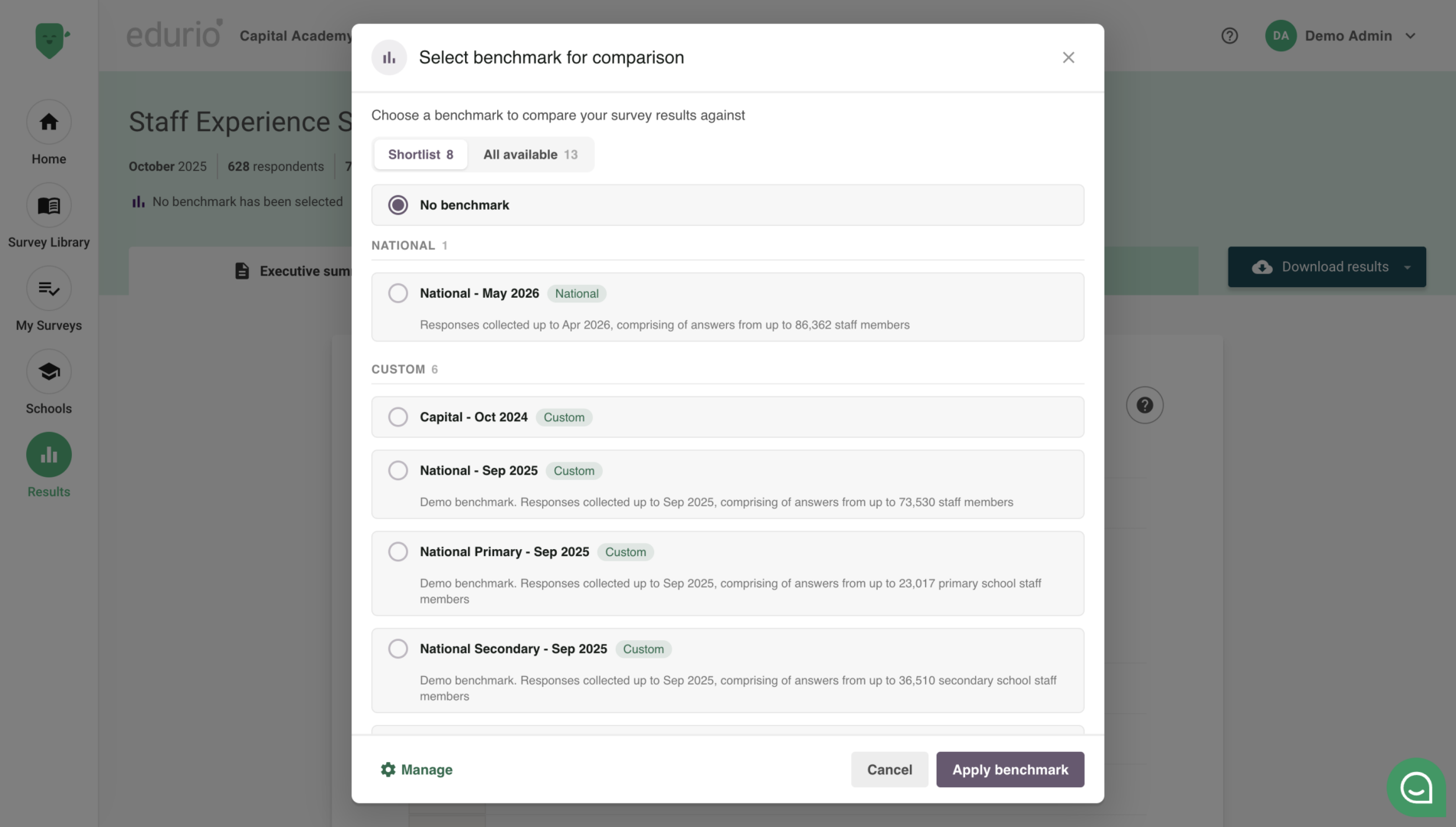 Benchmark management hub on the Edurio platform
